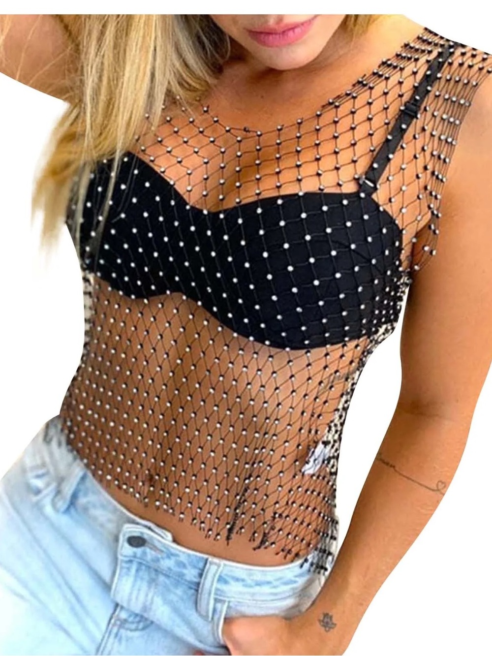 Hot & Delicious black and silver  Rhinestone Mesh Black body  size L
